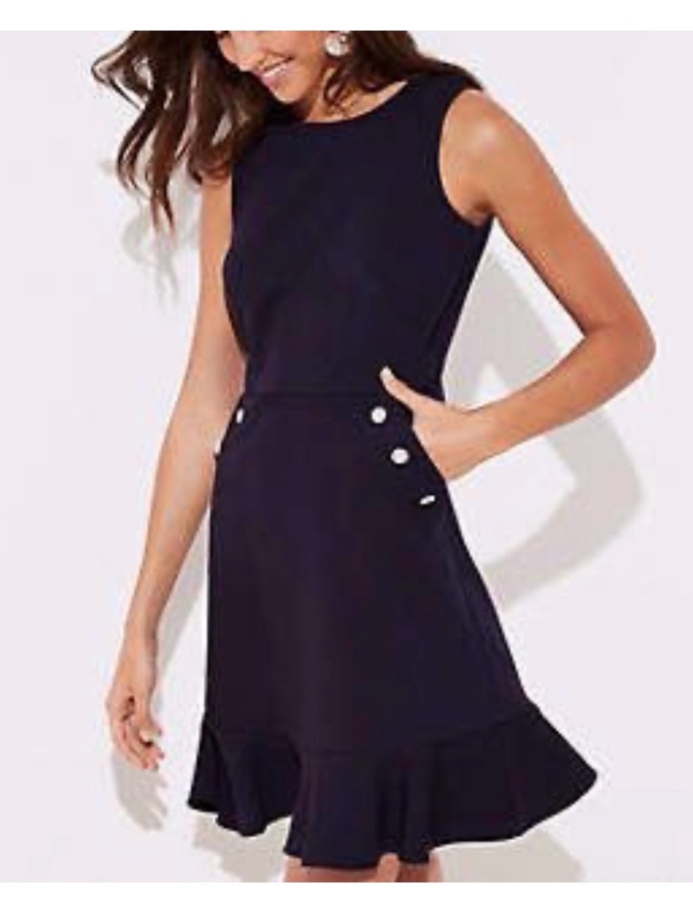 LOFT Flounce Pocket Sleeveless Dress Black Pearl Button Women Size 14 New Classy